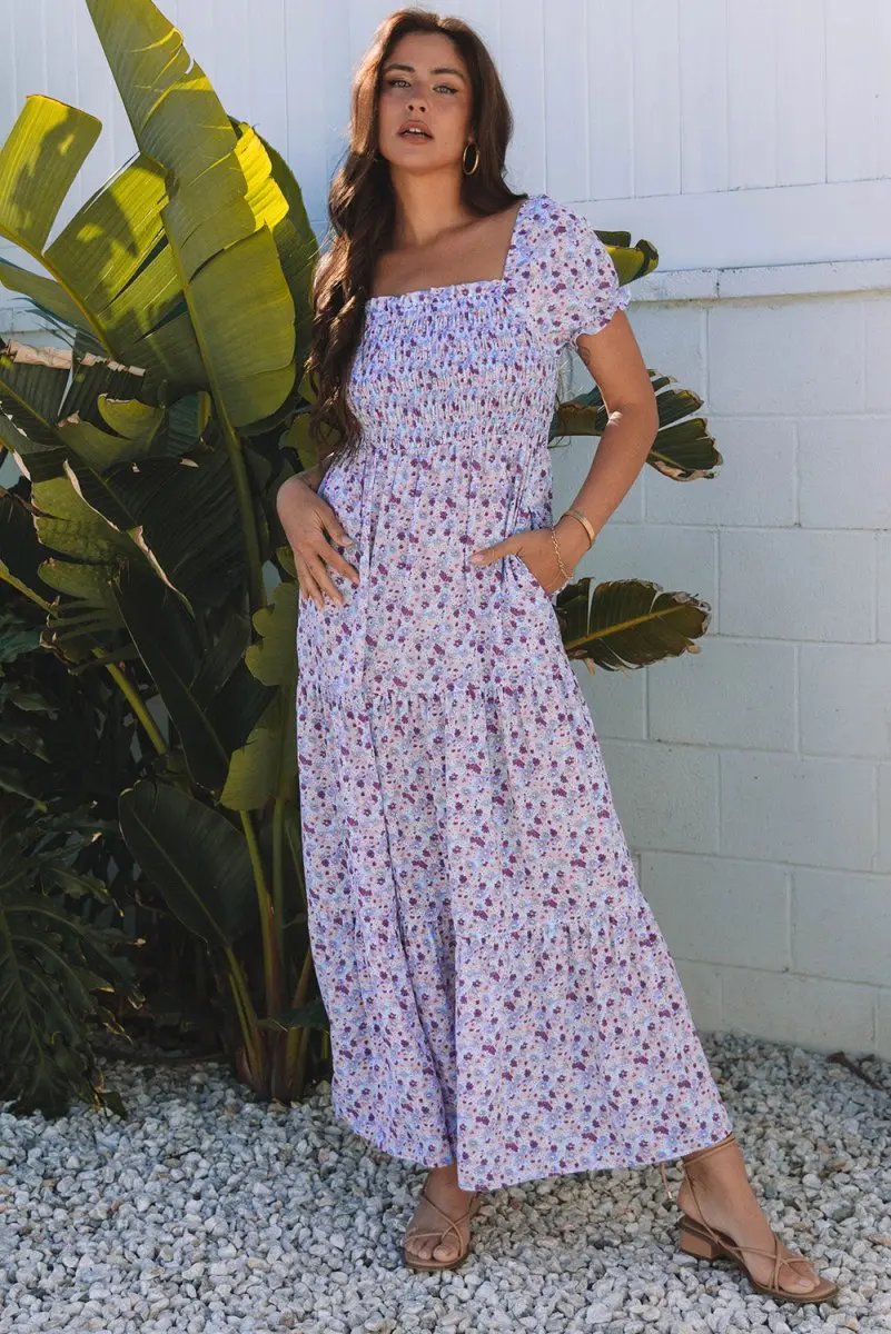 Purple Floral Short Bubble Sleeve Shirred High Waist Maxi Dress - Love Salve